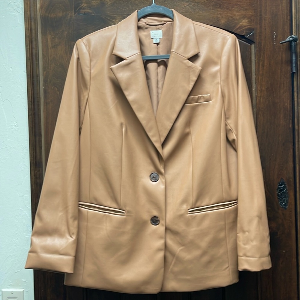 a new day pleather camel tan women’s blazer; size medium; like new!